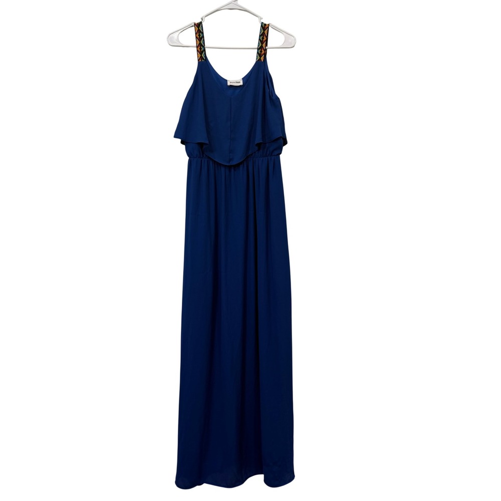 Style Rack Royal Blue Maxi Dress Embroidered Straps Ruffle V-Neck Large SD402